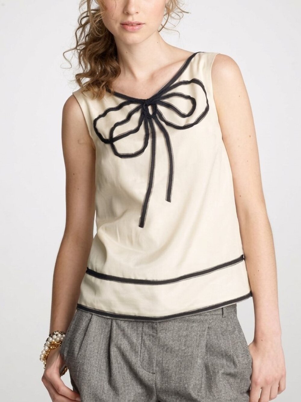 J. Crew Fall 2009 Silk Cotton Blend Bow Front Blouse Top Cream Black Trim XS 2